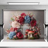 Aperturee - Aperturee Fairytale Mushroom and Floral Wreath Backdrop Enchanted Forest Wedding Whimsical Garden Party Photo Prop Decor